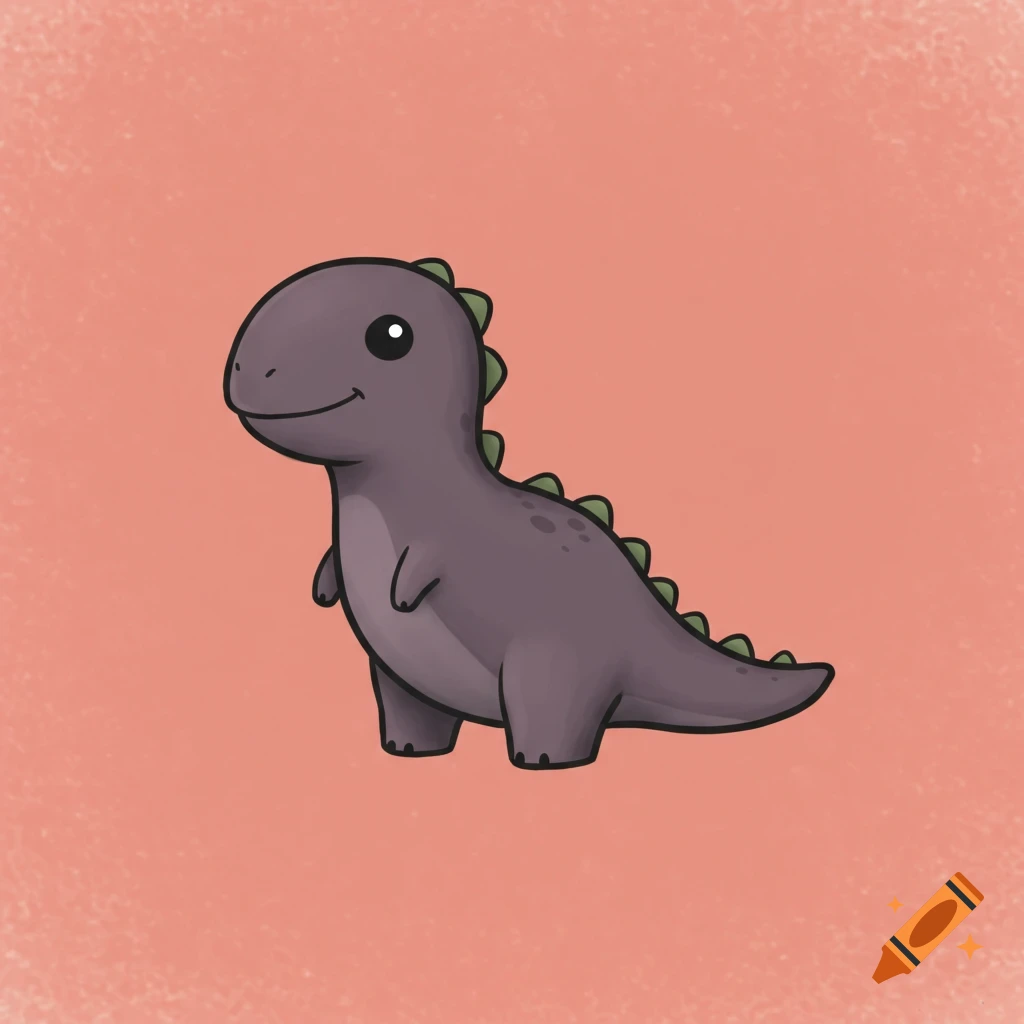 A cute purple cartoon dinosaur with green spikes and a smile, standing on a peach-colored textured background.