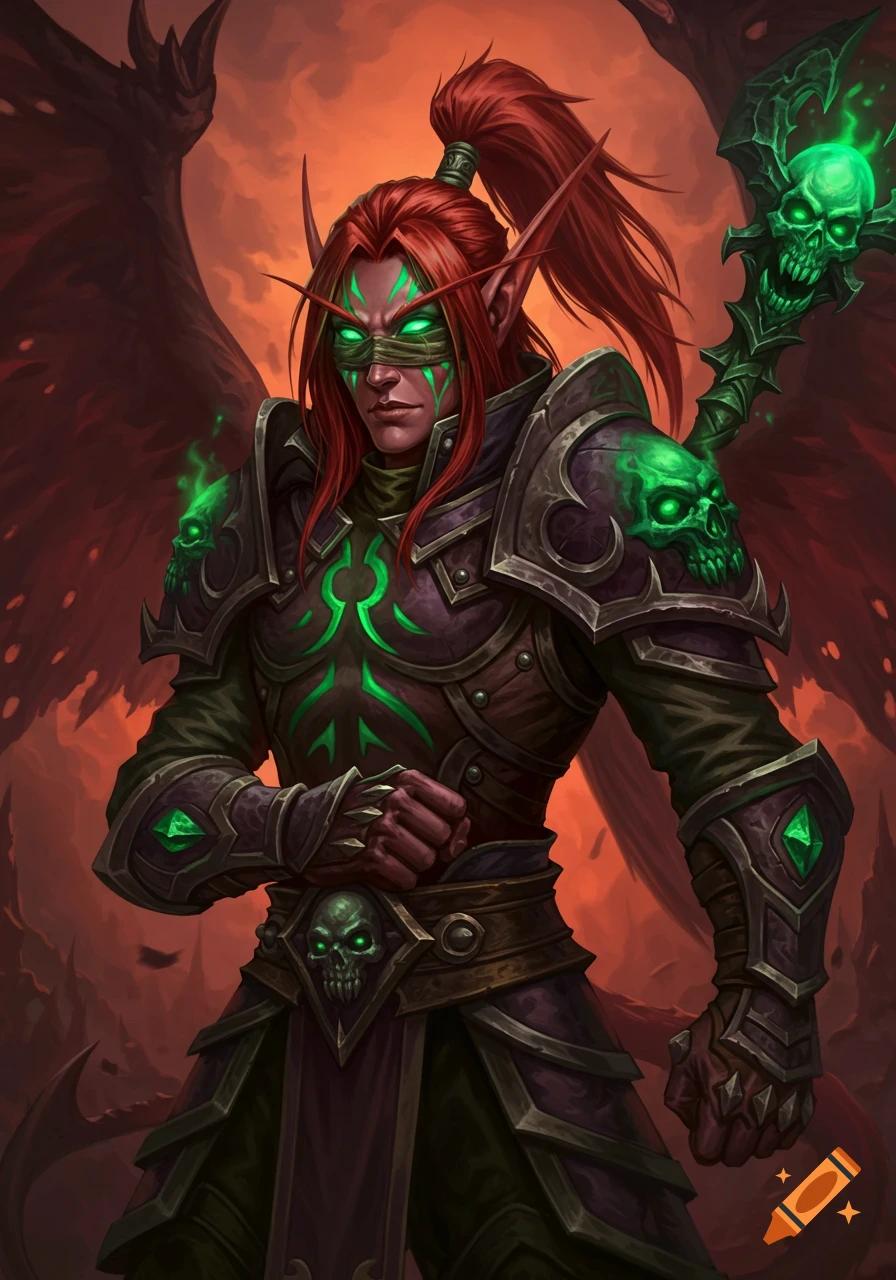 A red-haired, blindfolded Blood Elf Illidari character with green fel markings and dark armor, holding a skull-topped staff, against an orange sky.