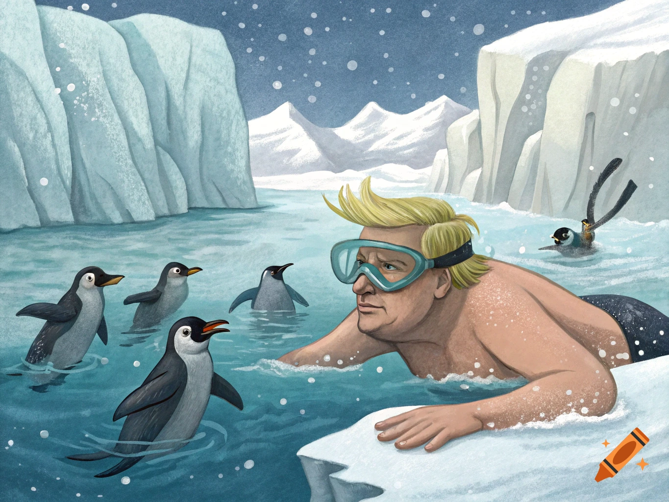 An illustration of Donald Trump wearing swim goggles, swimming in icy water with penguins and icebergs.