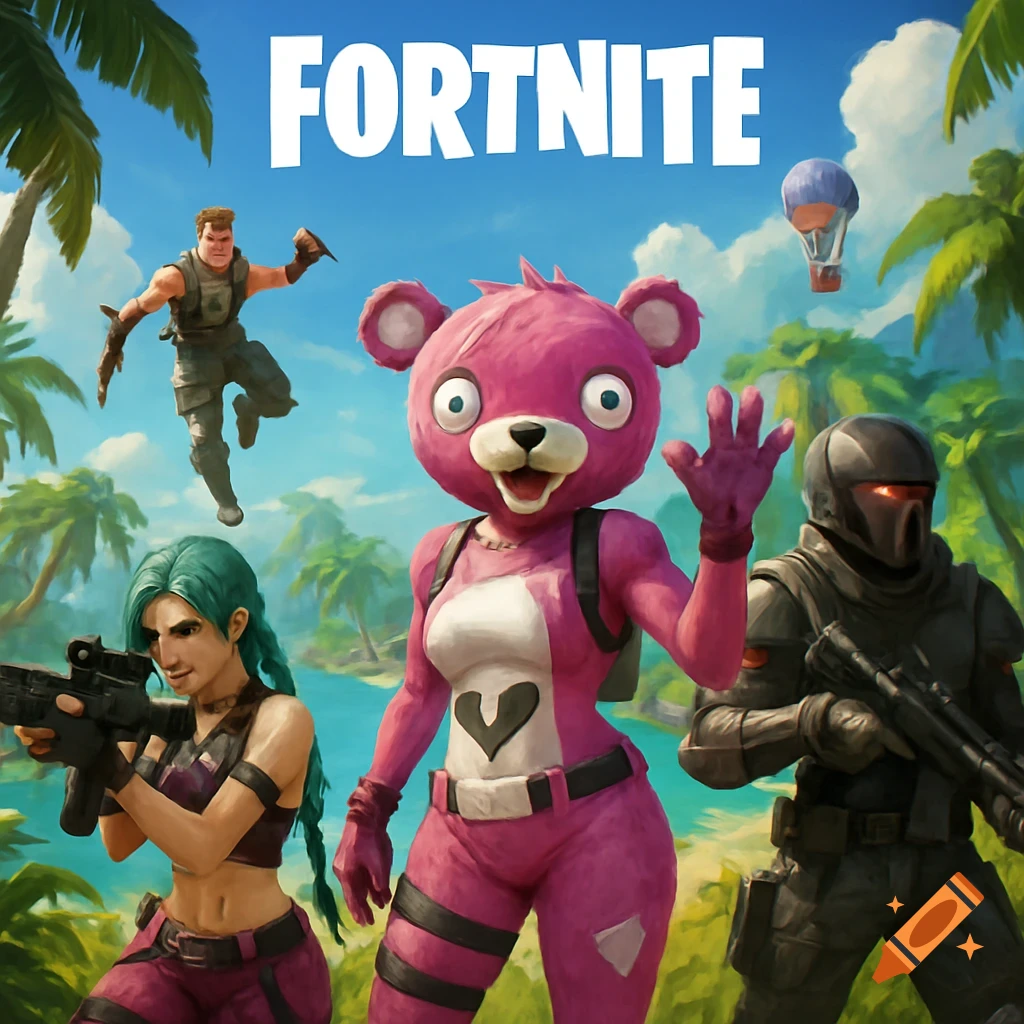 Fortnite characters Cuddle Team Leader, a male, a female, and a masked figure on a tropical island with palm trees, in an illustrated style.
