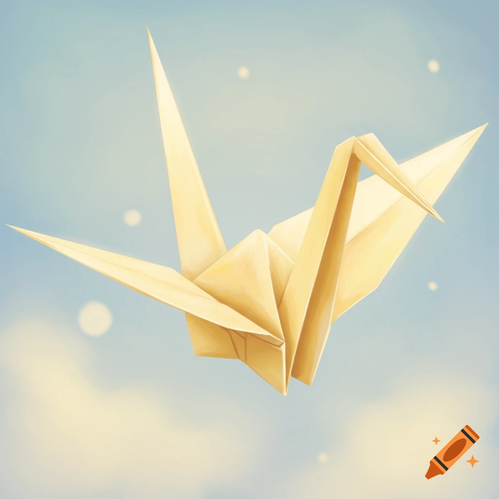 A golden paper origami crane against a soft blue and yellow background with faint light spots.