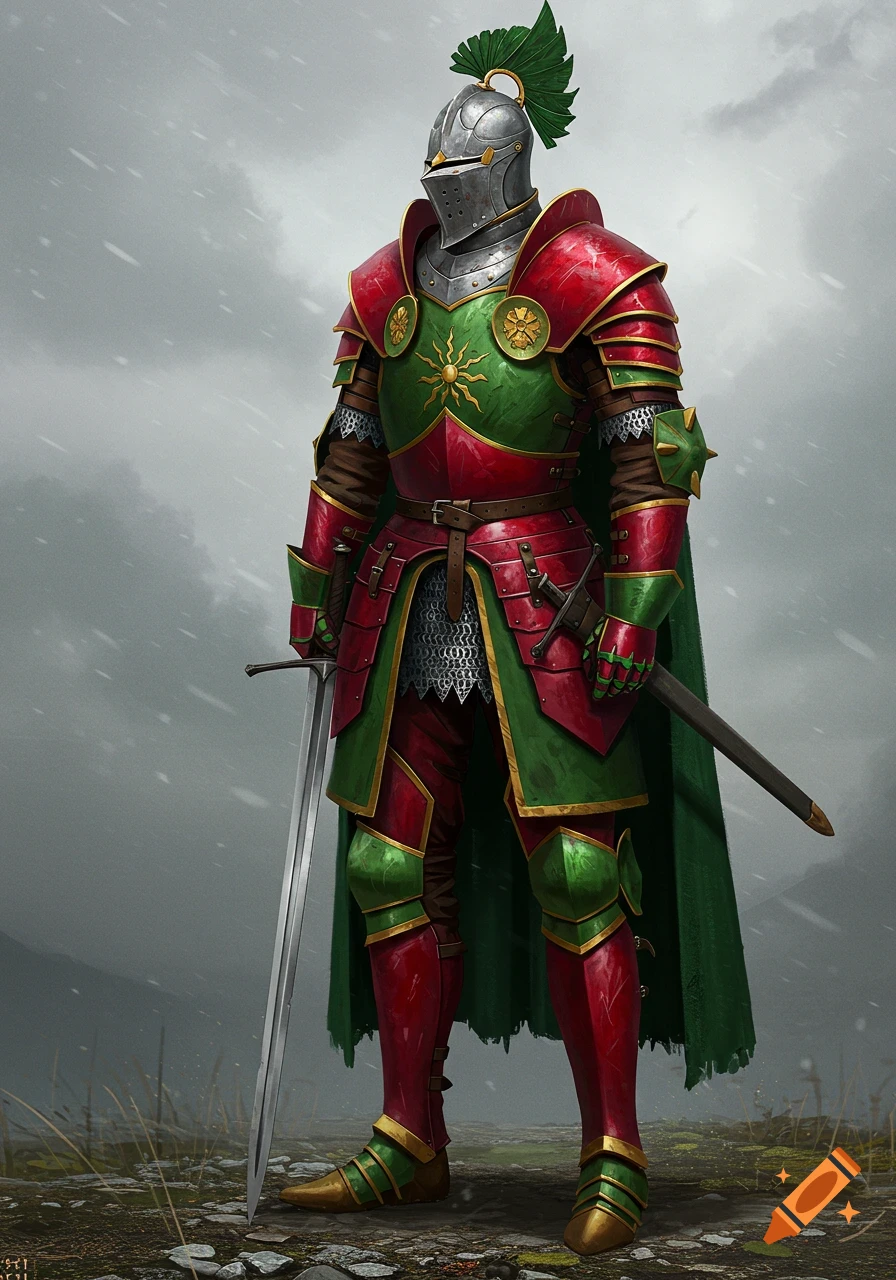 A knight in full plate armor, painted in crimson and green, stands in a snowy, desolate landscape, holding two swords.