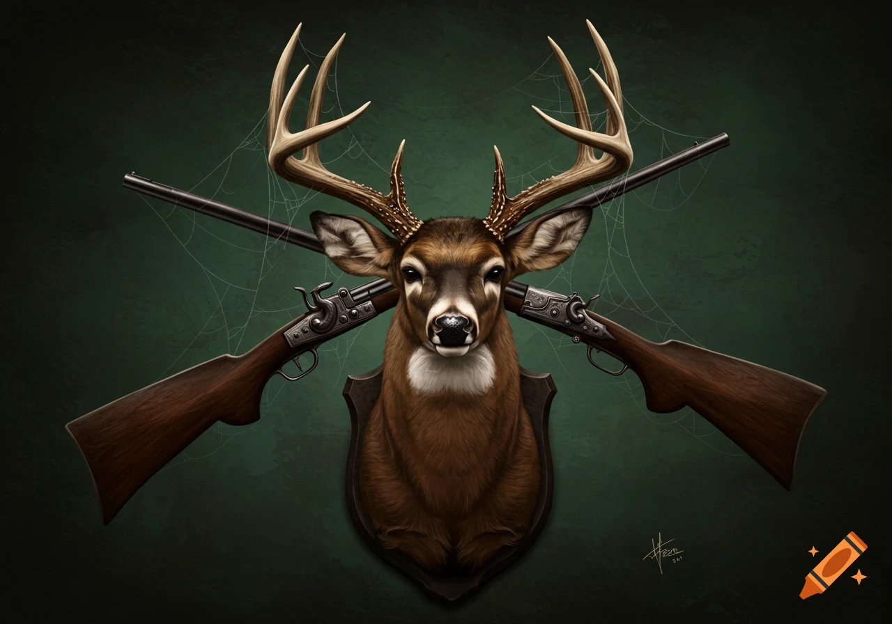 Illustration of a mounted ten-point buck head with crossed muzzle loader rifles and subtle cobwebs on a dark green background.