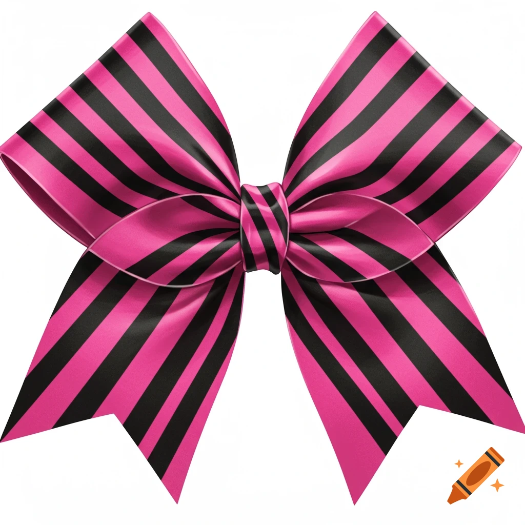 A large pink and black striped cheer bow on a white background.