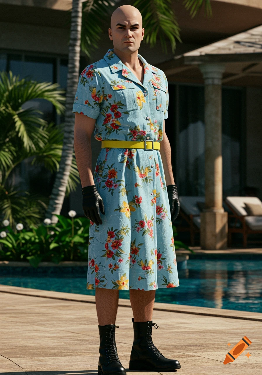 Agent 47 from Hitman, bald and serious, stands by a pool wearing a light blue floral sundress, yellow belt, black gloves, and combat boots.