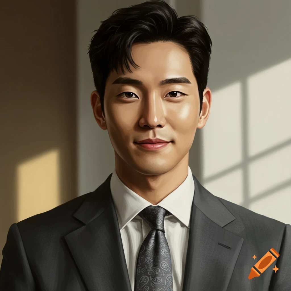 A close-up portrait of a handsome Korean man in a dark suit and patterned tie.