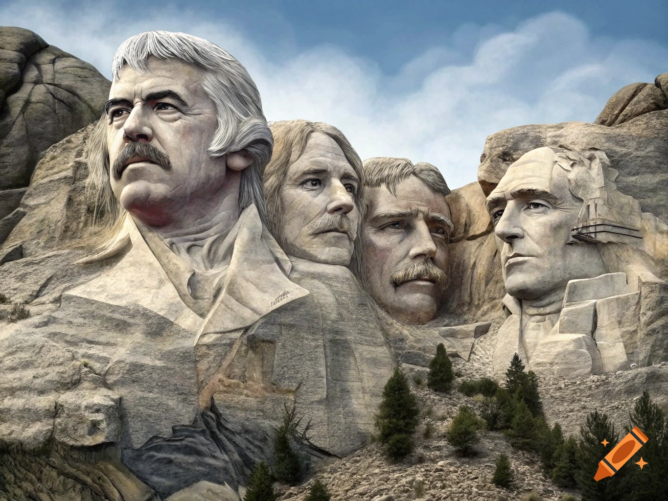 Four realistic stone heads of a man, resembling Mount Rushmore, carved into a mountain under a blue cloudy sky.