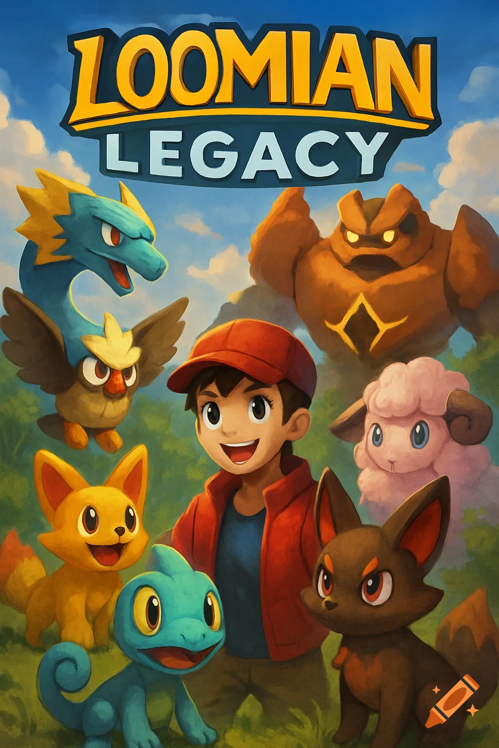 A cartoon boy in a red hat surrounded by various colorful monster creatures under a blue sky, with "LOOMIAN LEGACY" text at the top.