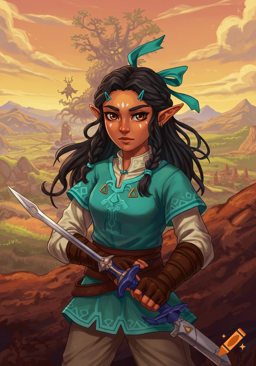 An illustrated fantasy character with dark skin, pointed ears, and tribal face paint stands in a vibrant landscape, holding a sword.