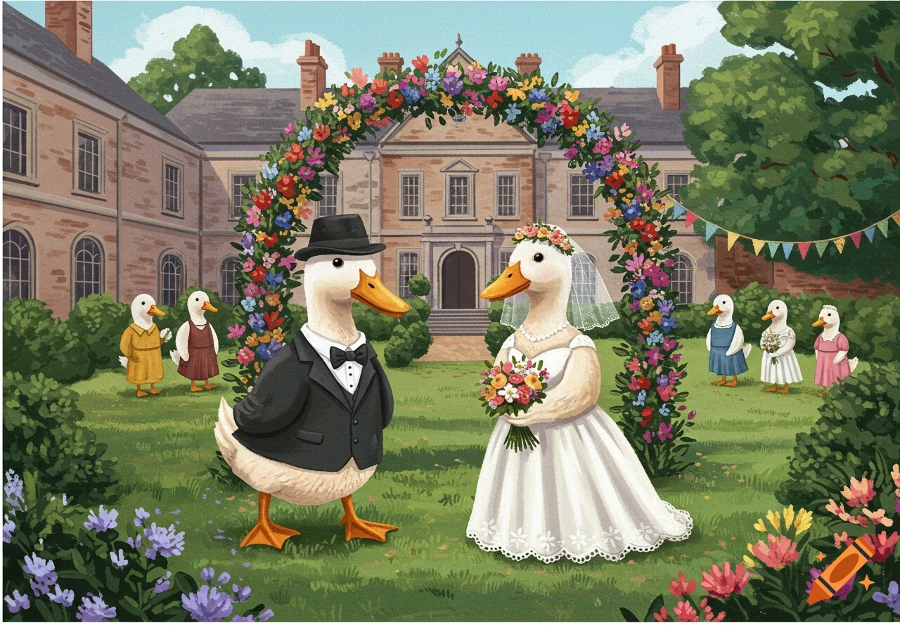 Anthropomorphic ducks get married under a vibrant floral arch in front of a grand manor house, with other ducks as guests.