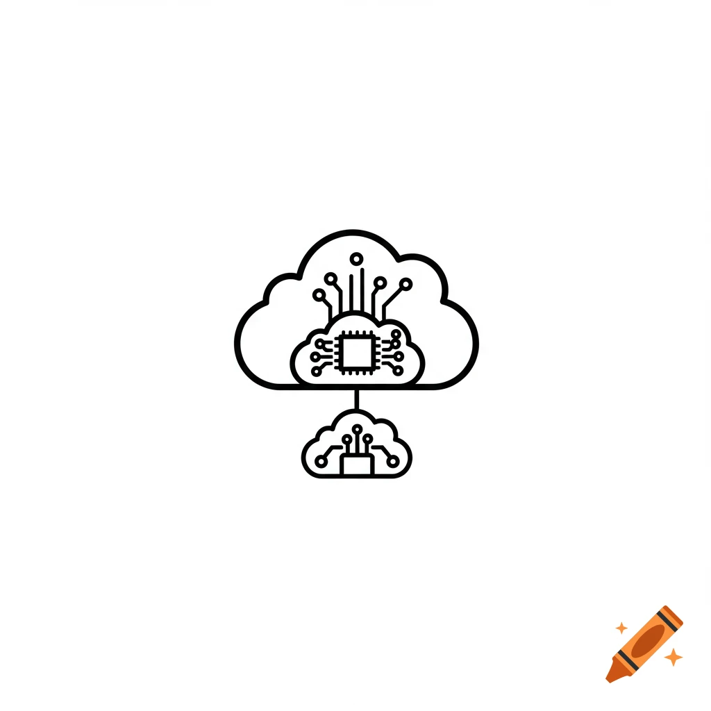 A black and white line drawing of a large cloud with a computer chip inside, connected to a smaller cloud with a chip below it.