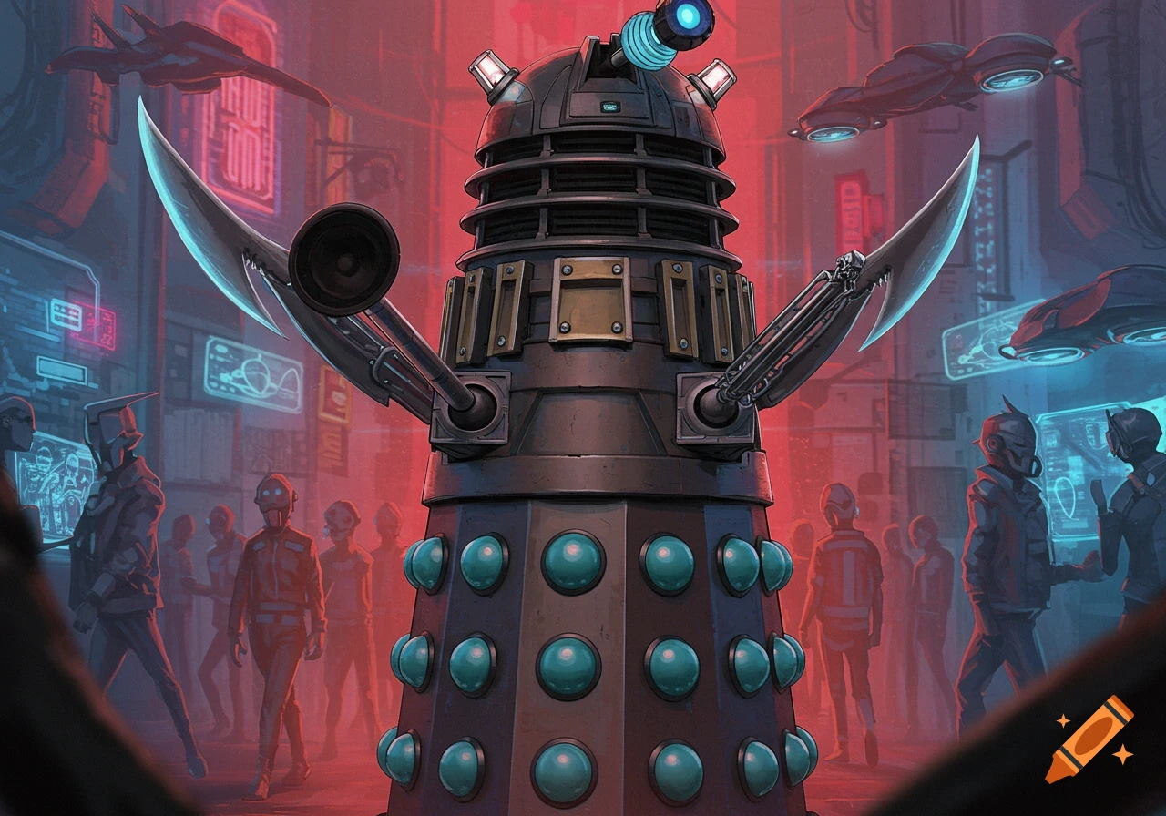 A cyberpunk Dalek-like robot with mantis blades stands in a futuristic, neon-lit city street with stylized people and flying vehicles.
