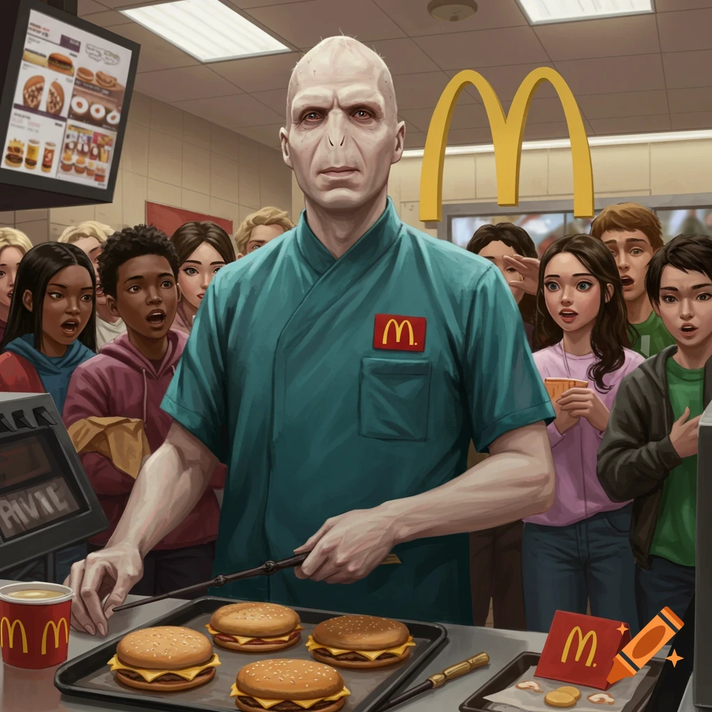 Voldemort in a McDonald's uniform, holding a wand over a tray of burgers, surrounded by surprised customers.