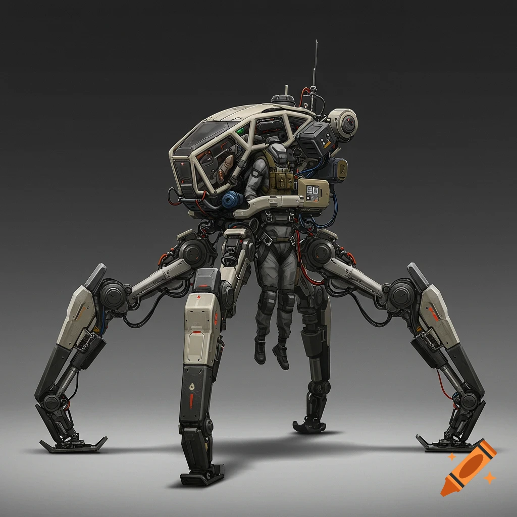 Detailed sci-fi concept art of a six-legged exoskeleton mech with a suspended human pilot, in an industrial style.
