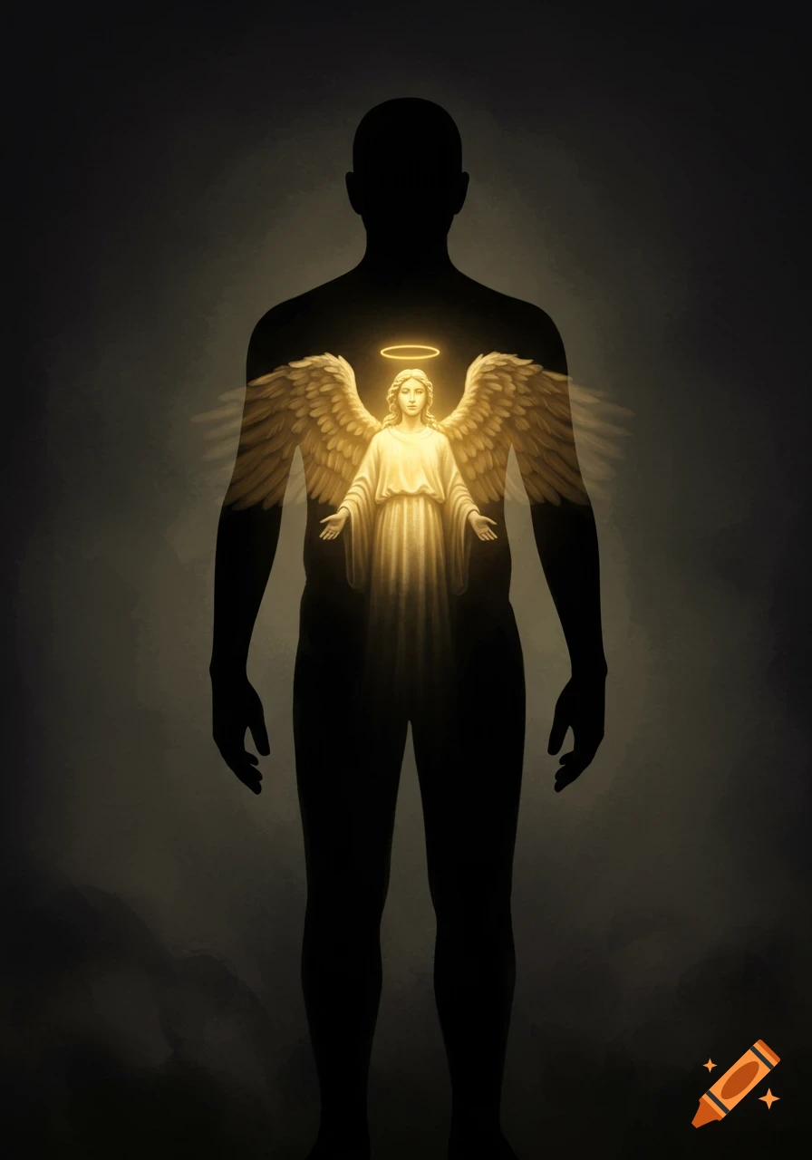 A dark silhouette of a human figure with a glowing, winged angel and halo inside its chest, on a dark background.