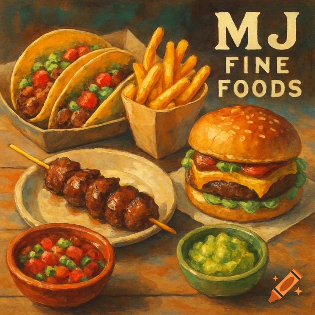 An oil painting of various street foods including tacos, french fries, a burger, a meat skewer, salsa, and guacamole, with "MJ FINE FOODS" text.