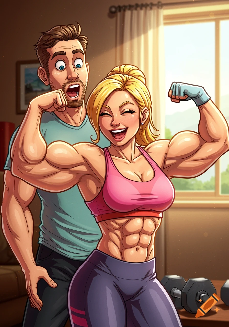 A muscular blonde woman in a sports bra flexes her bicep for a surprised man in a cartoon style illustration.