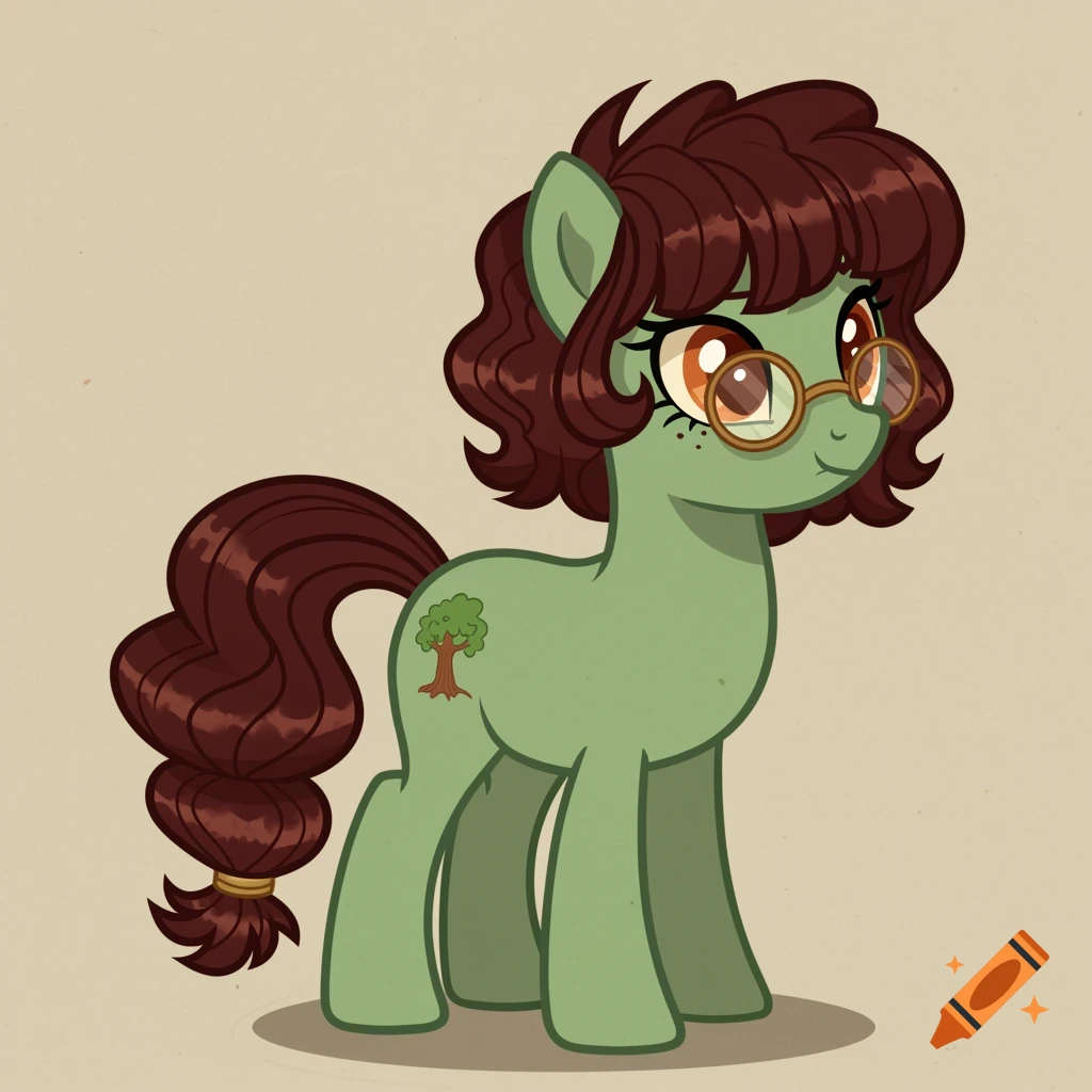 A 2D cartoon pony mare with green skin, dark red wavy hair, eyeglasses, and a tree cutie mark.