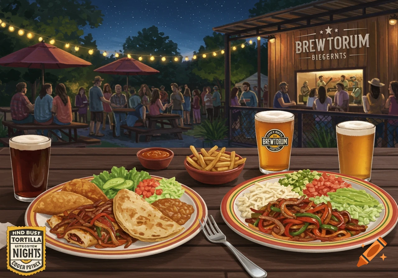 An illustrative scene of an outdoor night event at a brewery with people mingling. In the foreground are two plates of fajitas and two glasses of beer on a wooden table.