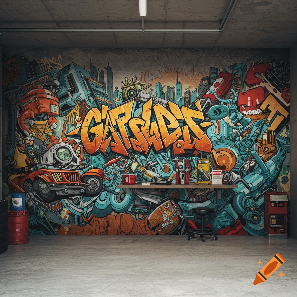 Vibrant graffiti mural spelling 'GARAGE' on a concrete wall in a garage, featuring abstract machinery and a workbench.