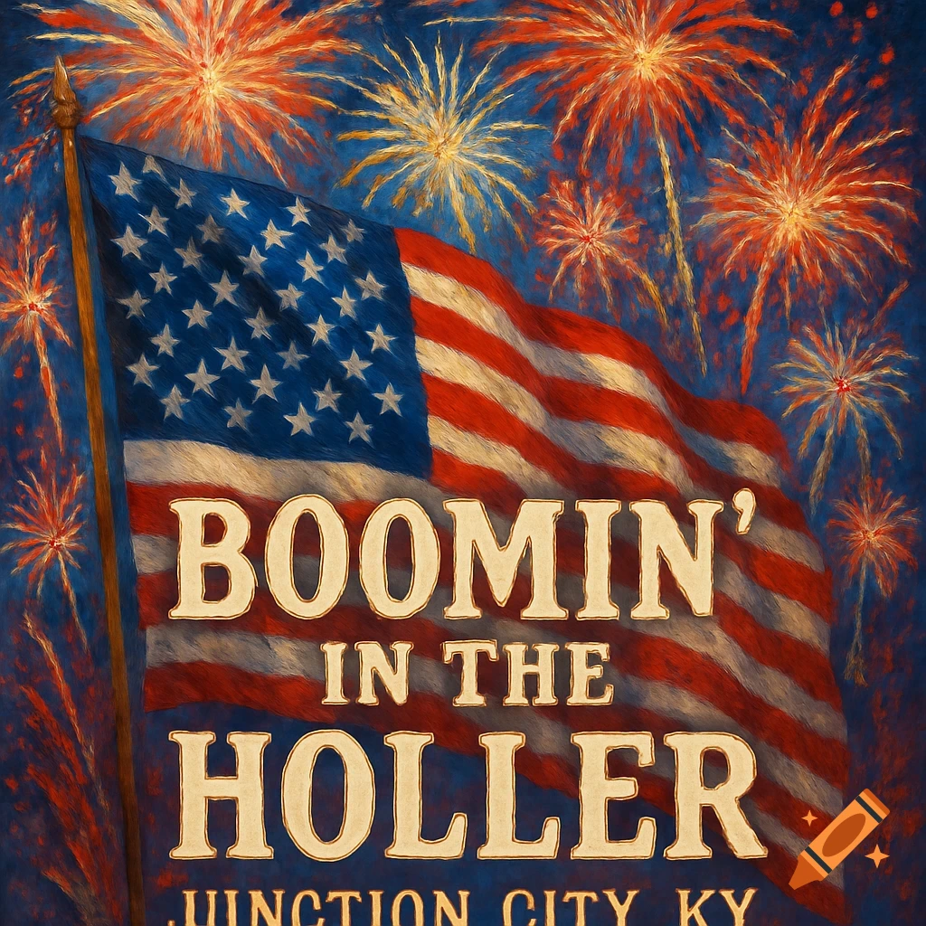 A patriotic painting of an American flag with 'Boomin' In The Holler Junction City, KY' text, surrounded by vibrant fireworks.