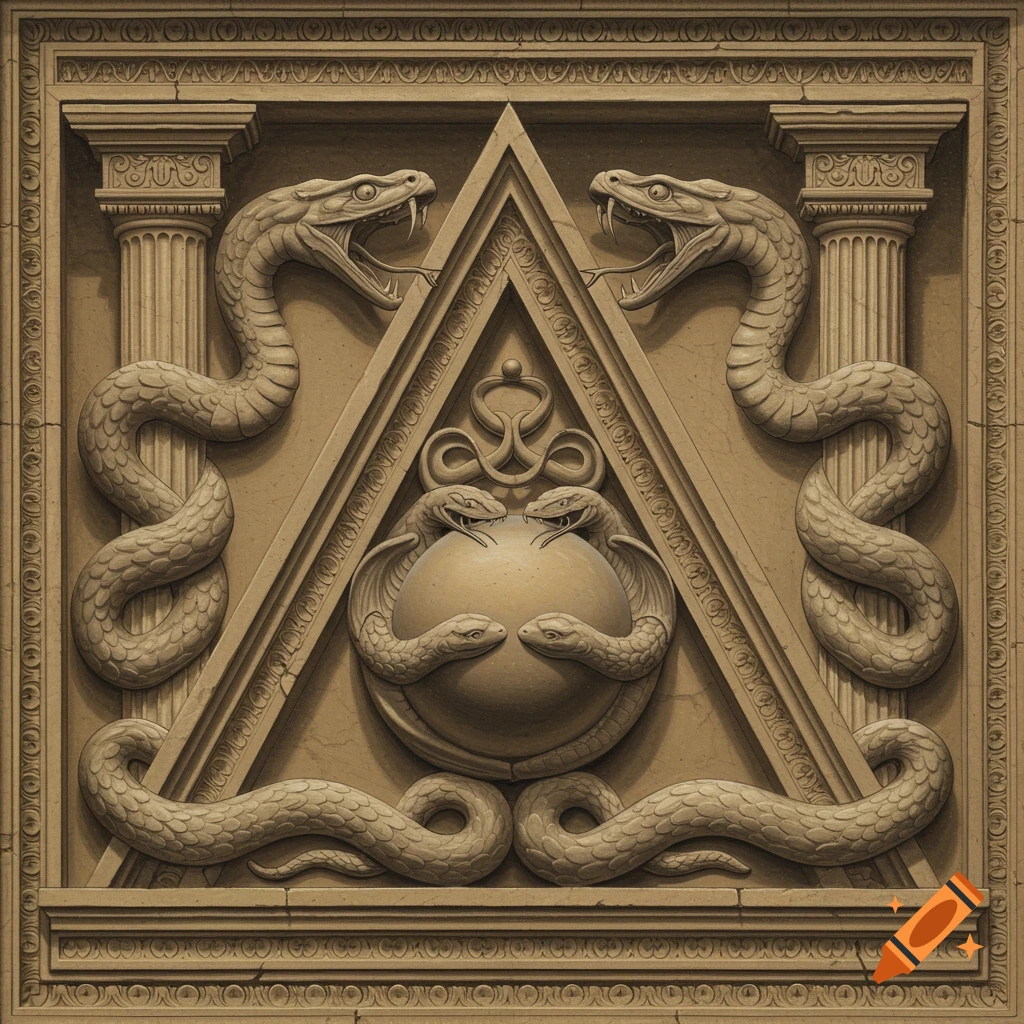 Stone relief carving with two large snakes on pillars meeting atop a triangle, where smaller snakes encircle a sphere.