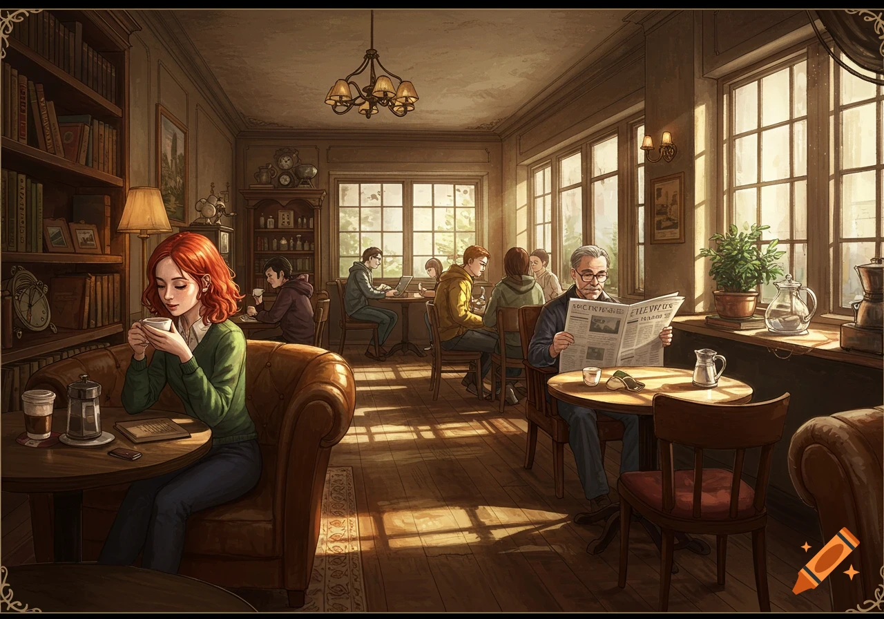 A warm, sunlit coffee shop scene with patrons, including a woman with red hair drinking coffee in the foreground and a man reading a newspaper.