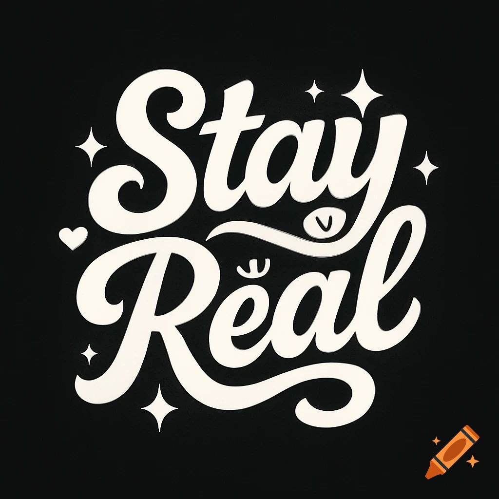 White stylized text "Stay Real" with stars and a heart on a black background.
