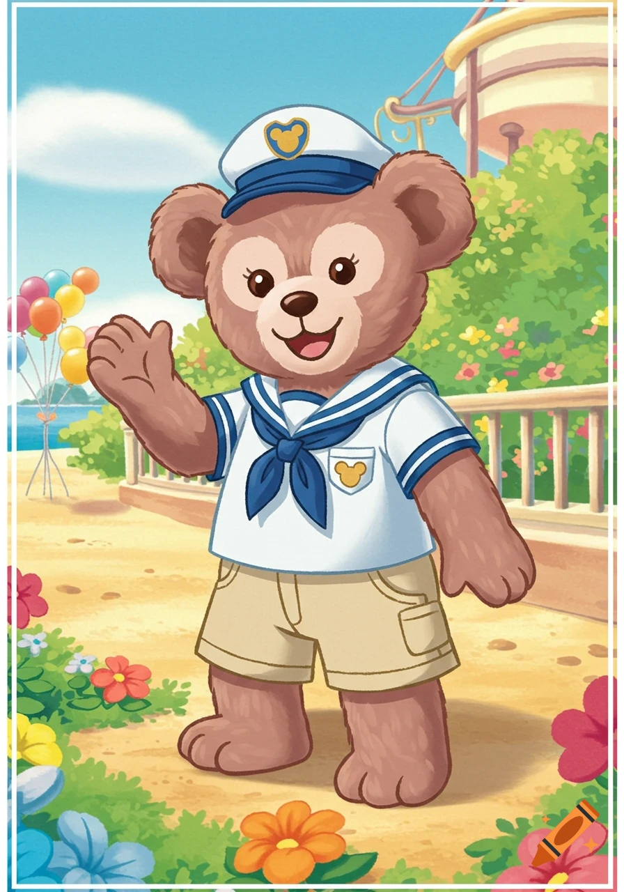 A smiling cartoon bear, Duffy, in a sailor uniform waves on a sunny beach with colorful balloons and flowers.