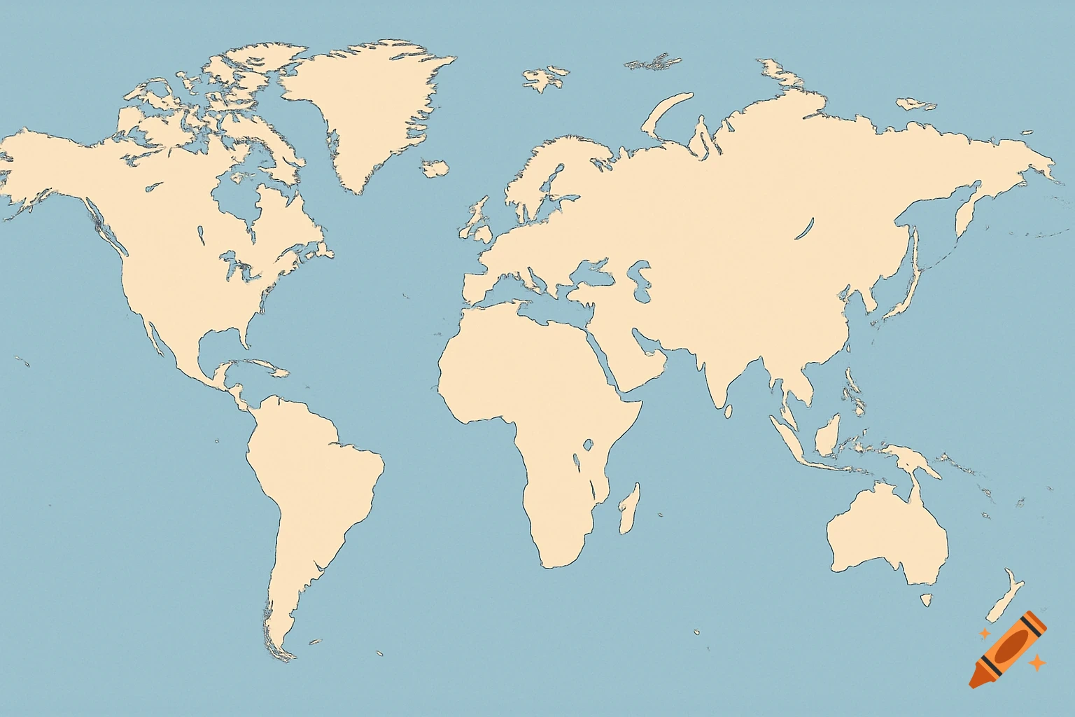 A flat world map with landmasses in light brown and oceans in light blue, showing the continents without India.