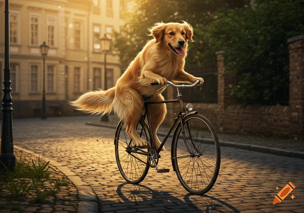 A photorealistic Golden Retriever joyfully riding a vintage bicycle on a cobblestone street at sunset.