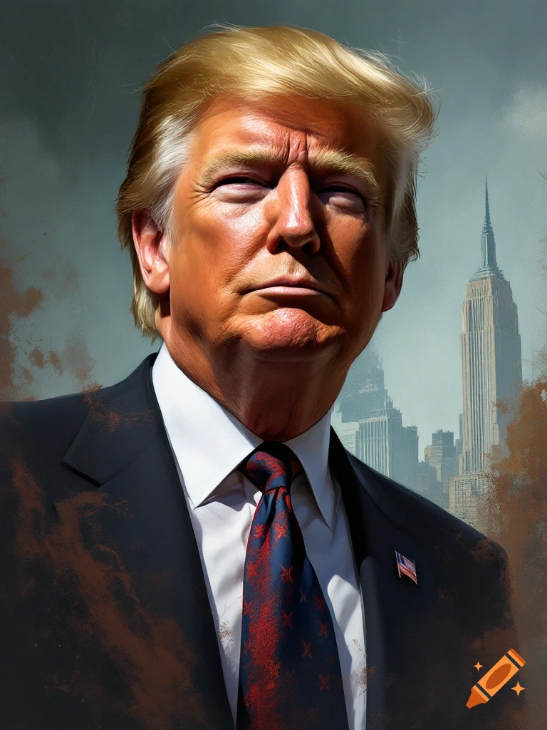 A realistic portrait of Donald Trump in a suit, with the Empire State Building and a city skyline in the background.