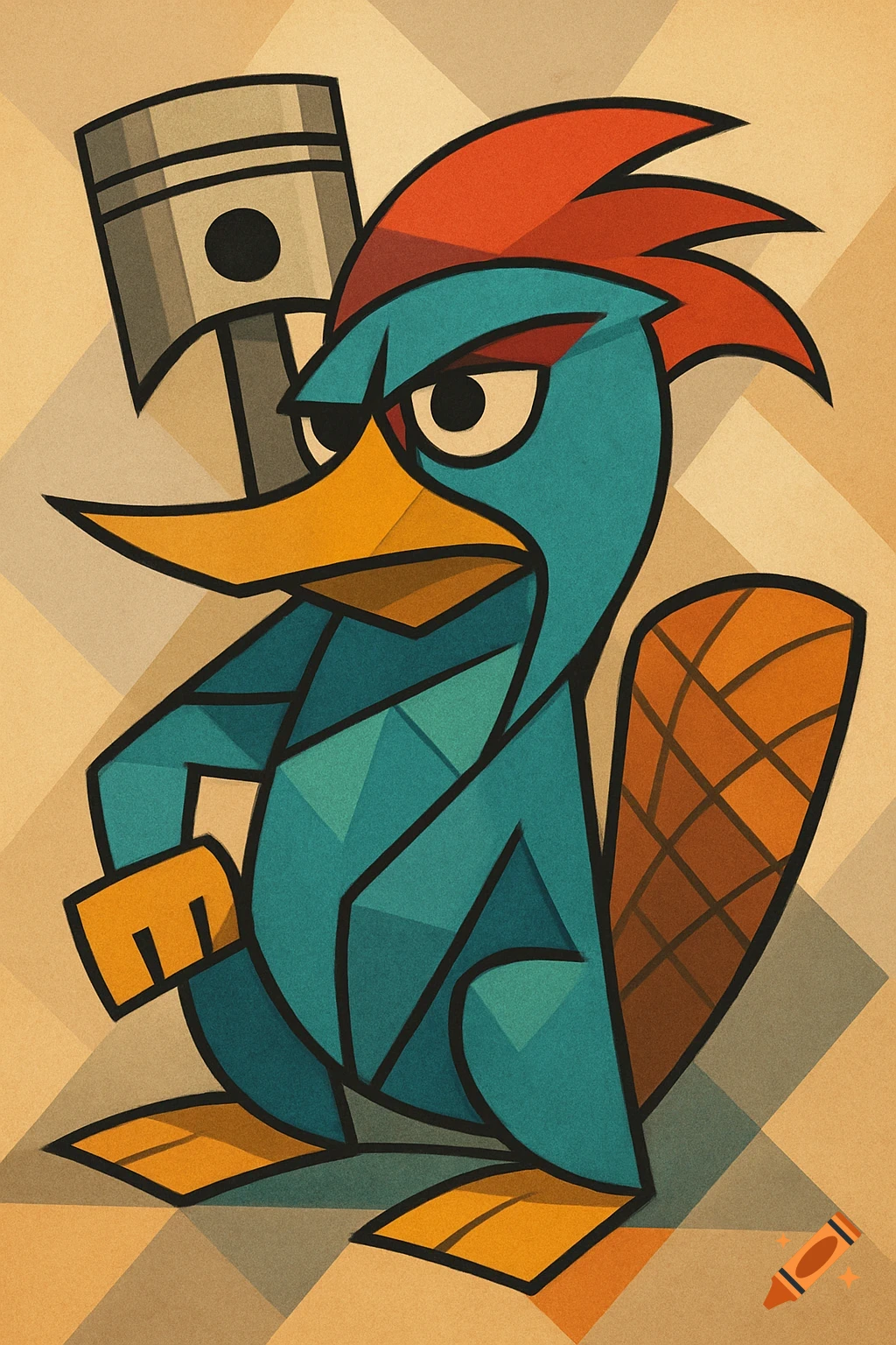 A cubist-style illustration of Perry the Platypus, with red hair, holding a piston against a geometric background.