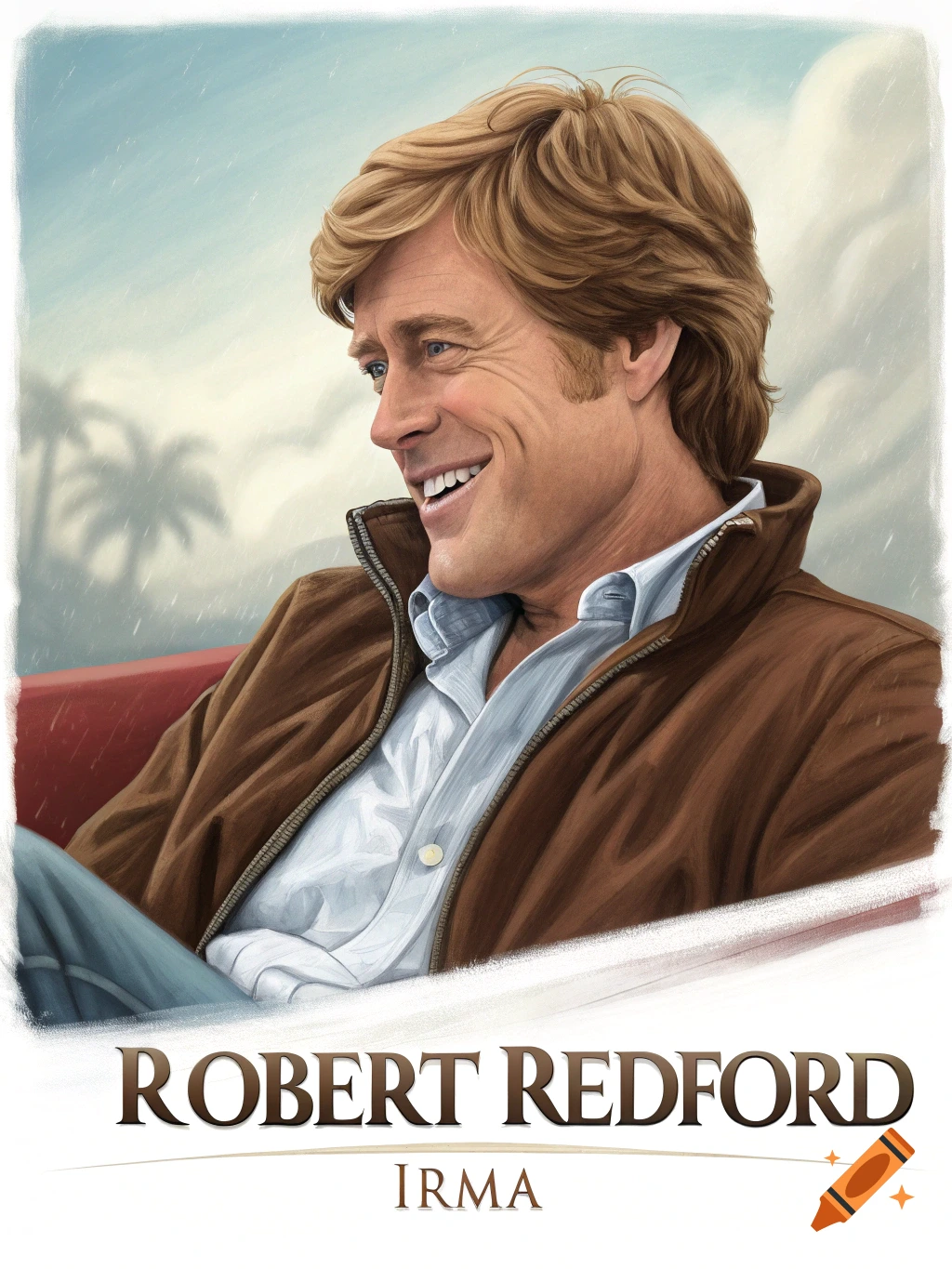 Smiling Robert Redford in a painted portrait, wearing a brown jacket, with palm trees in the background and 'ROBERT REDFORD IRMA' text.