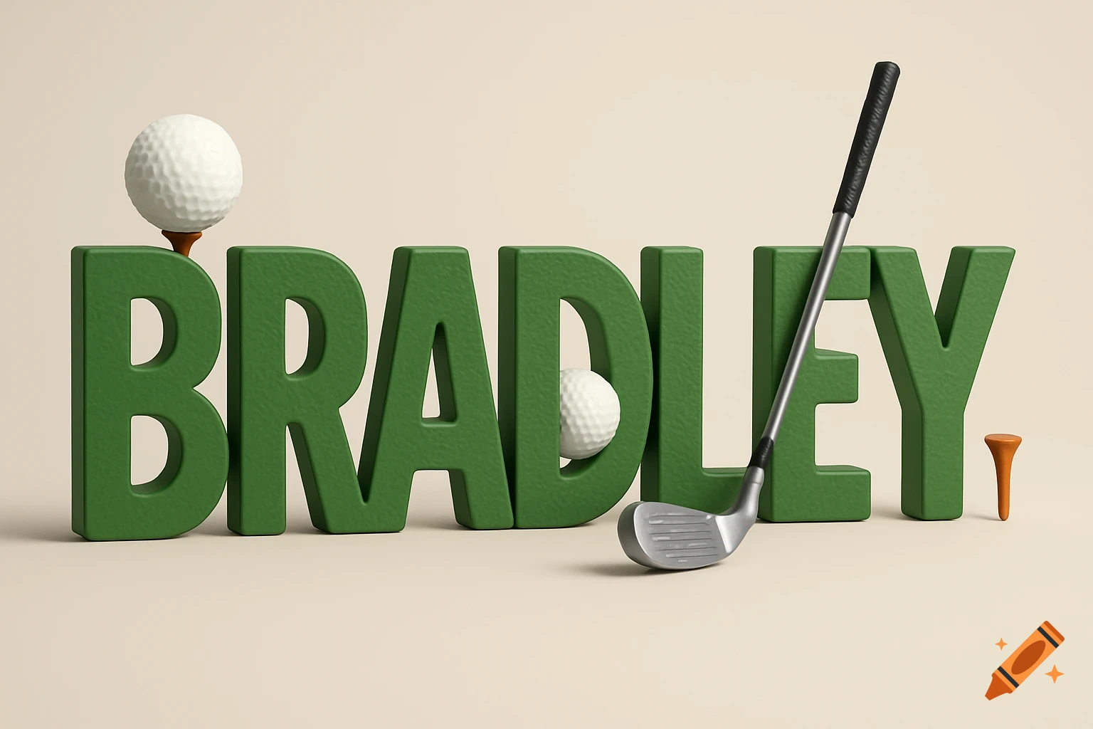 3D green letters spelling BRADLEY, integrated with golf balls, a golf club, and a tee on a light background.