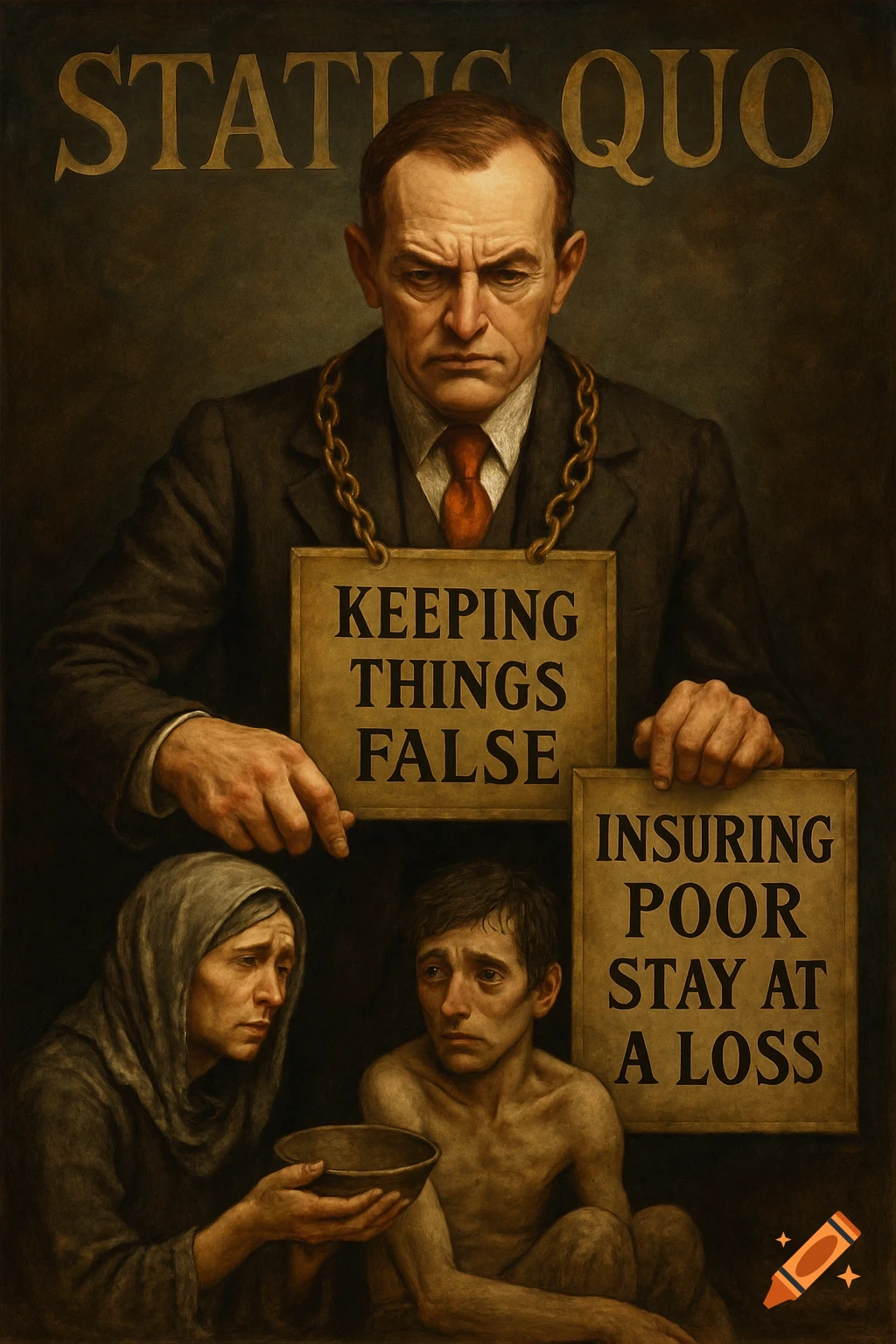 A stern man holds signs 'Keeping Things False' and 'Insuring Poor Stay At A Loss' over a gaunt woman and child, in a dark, painterly style.