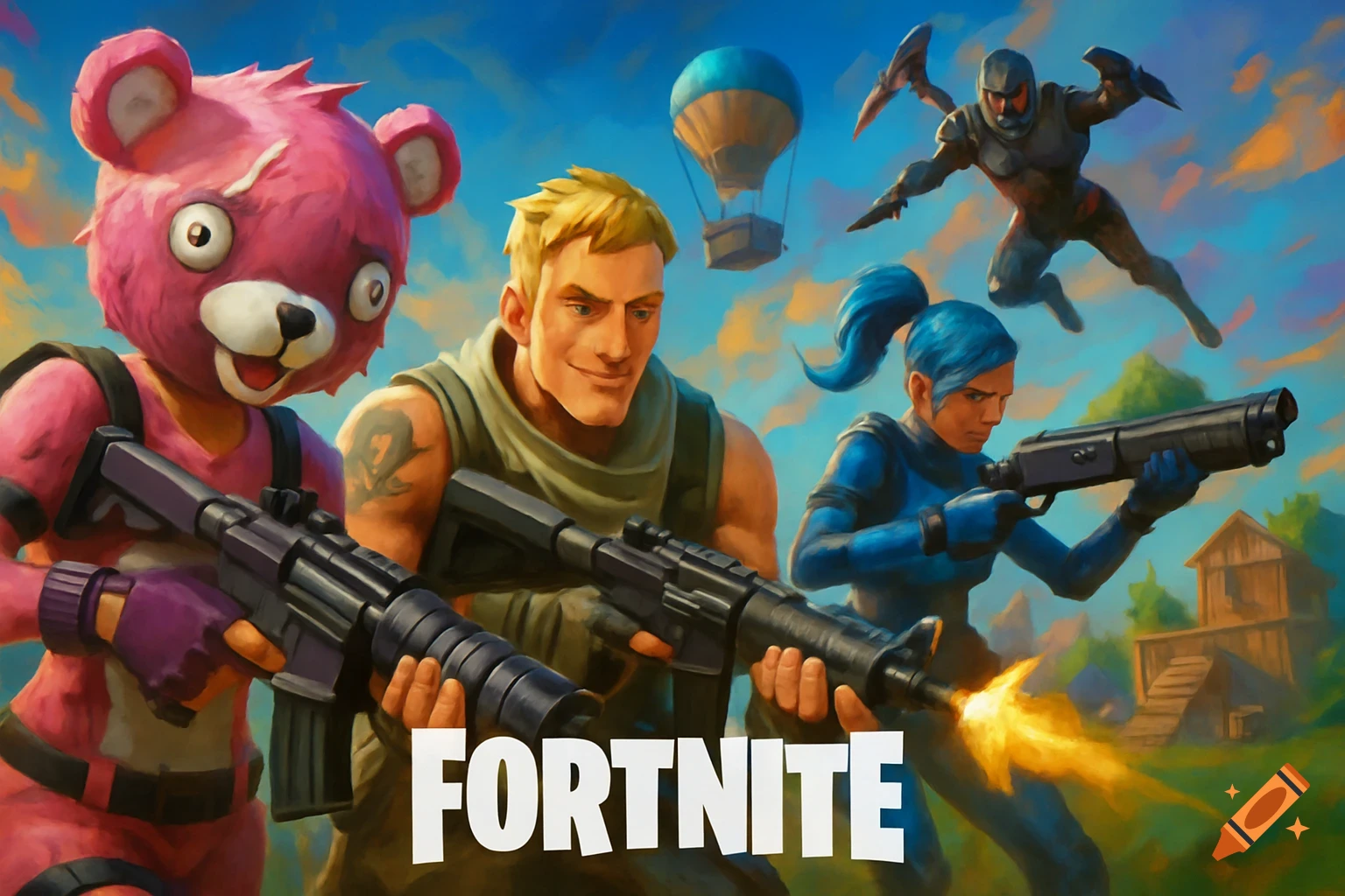 Fortnite characters including Cuddle Team Leader and Jonesy, armed, in a stylized landscape with hot air balloon and text 'FORTNITE'.