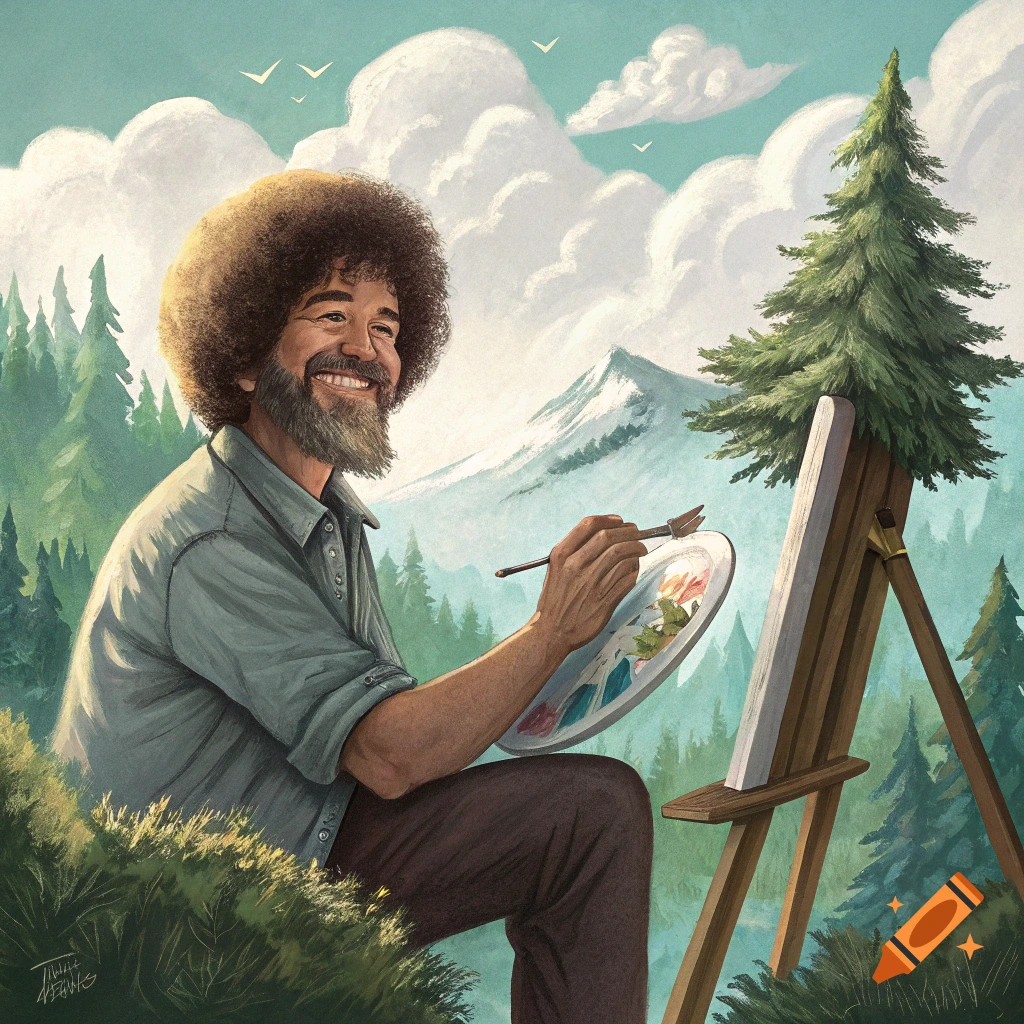 Illustration of Bob Ross with his signature afro, smiling while painting a happy little mountain landscape outdoors on an easel.