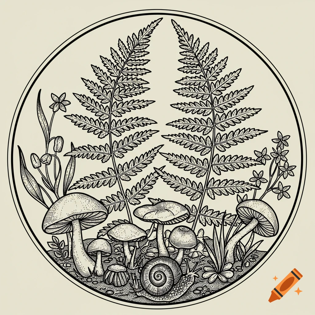 Black and white line art illustration of ferns, mushrooms, and a snail in a circular cottagecore design.