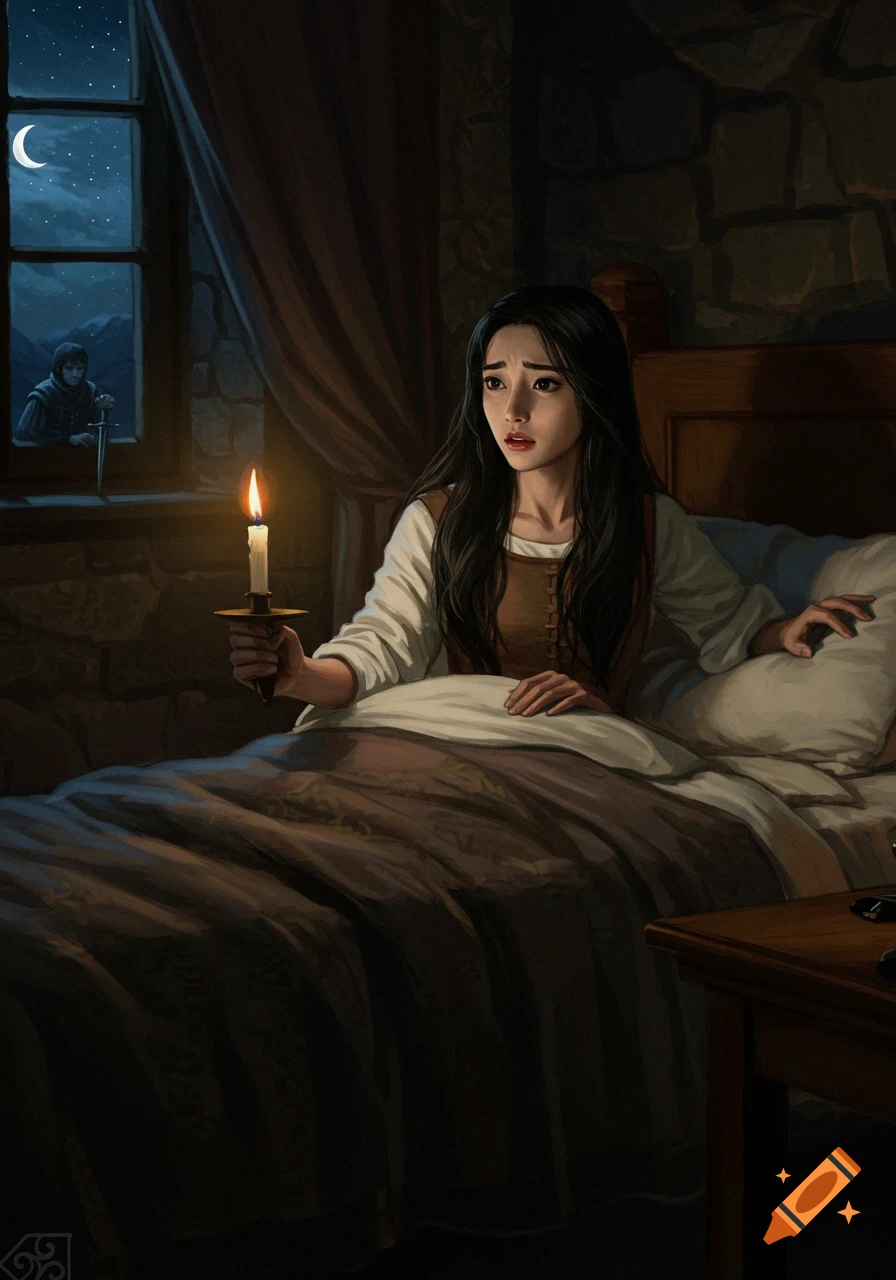 A frightened maiden with long black hair sits in a medieval bed, holding a candle, as a man with a dagger appears outside her window in a detailed painting.