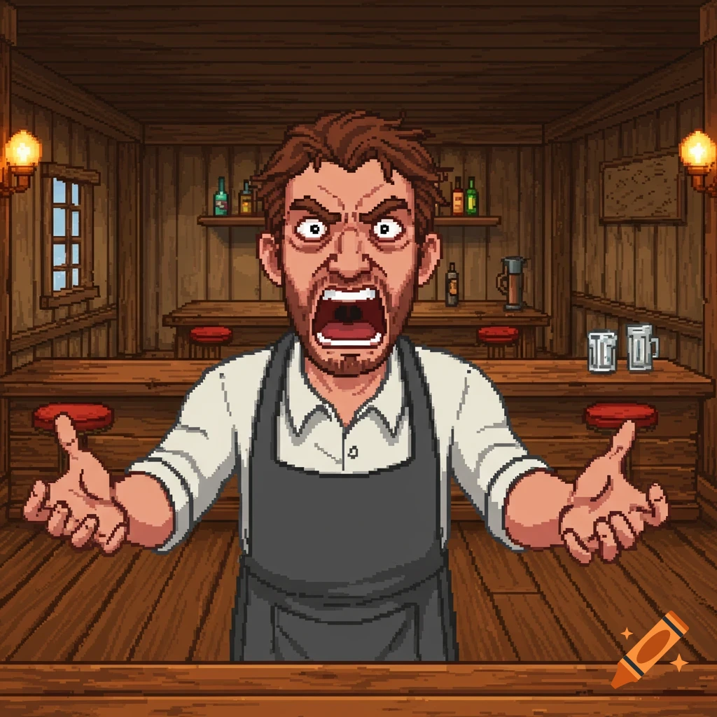 Pixel art of an angry bartender yelling behind a bar, arms outstretched.