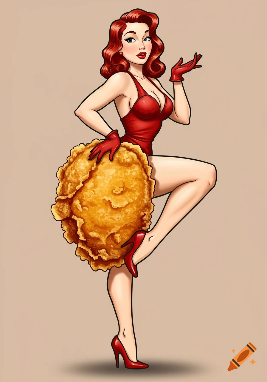A classic pinup illustration of a red-haired woman in a red swimsuit with a large fried chicken piece as her legs.