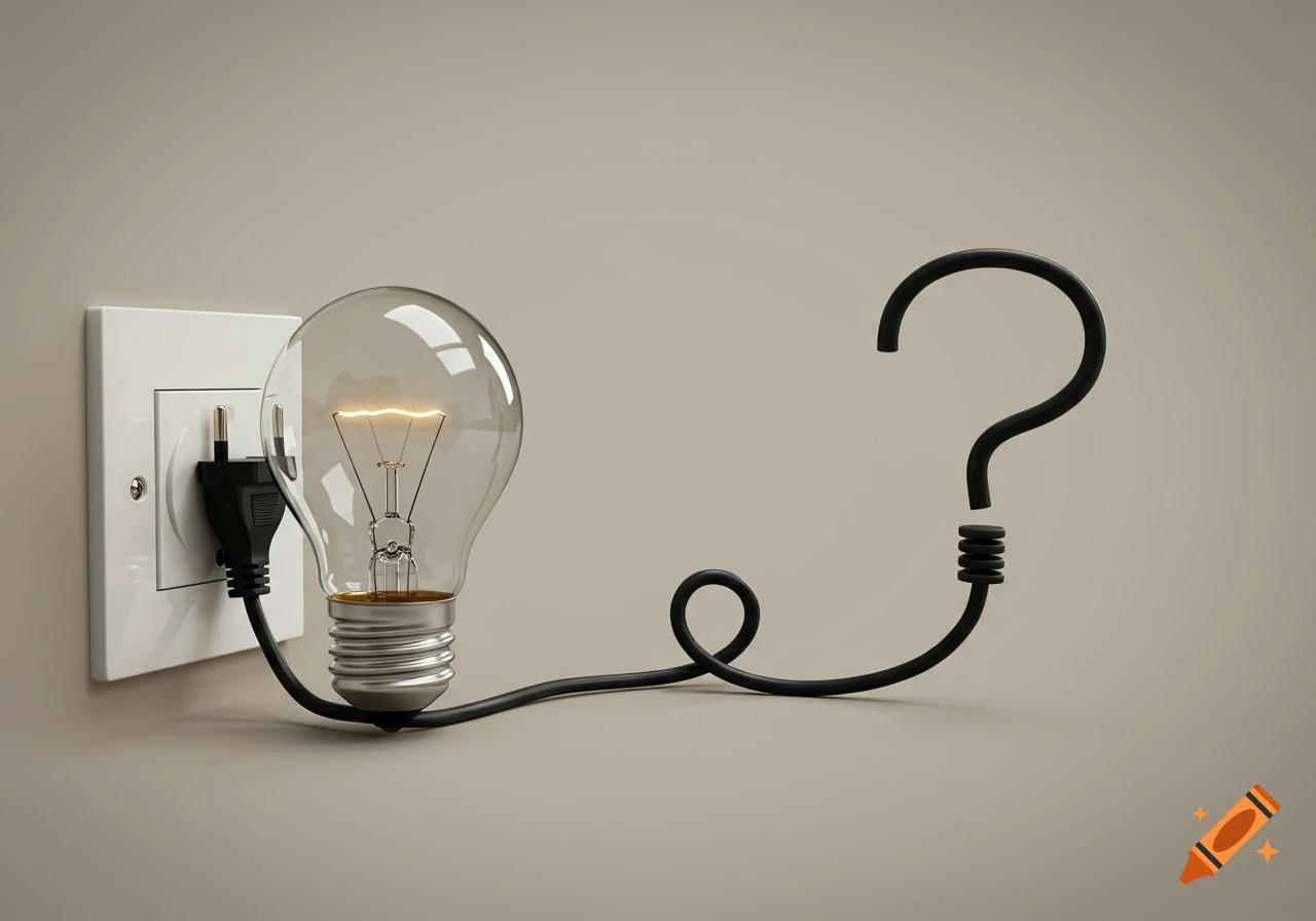 A photorealistic lightbulb with a glowing filament plugged into a wall outlet by a black cord shaped like a question mark.