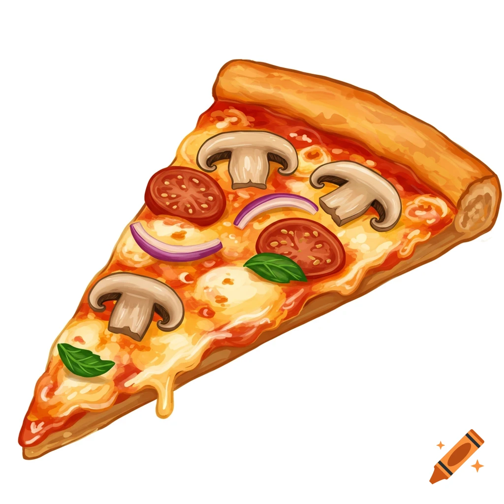 An illustrated slice of mushroom pizza with tomatoes, red onions, and basil on a transparent background.