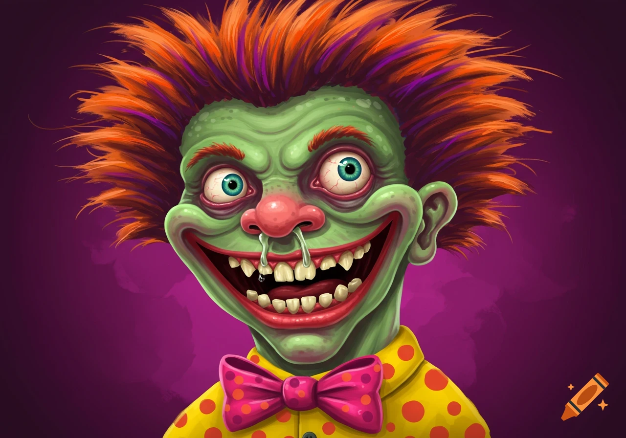Cartoon illustration of a grotesque green-faced clown with wild orange hair, a wide smile, and snot dripping from its nose.