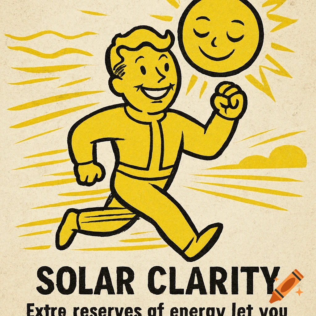 A retro-style poster of a yellow cartoon character, resembling Vault Boy, running under a smiling sun with text 'SOLAR CLARITY'.