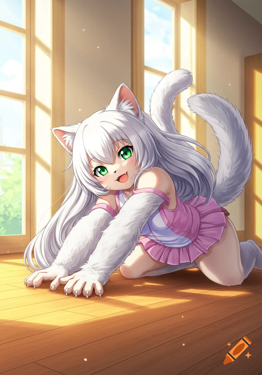 Anime white-haired cat girl with green eyes stretching on a sunlit wooden floor.
