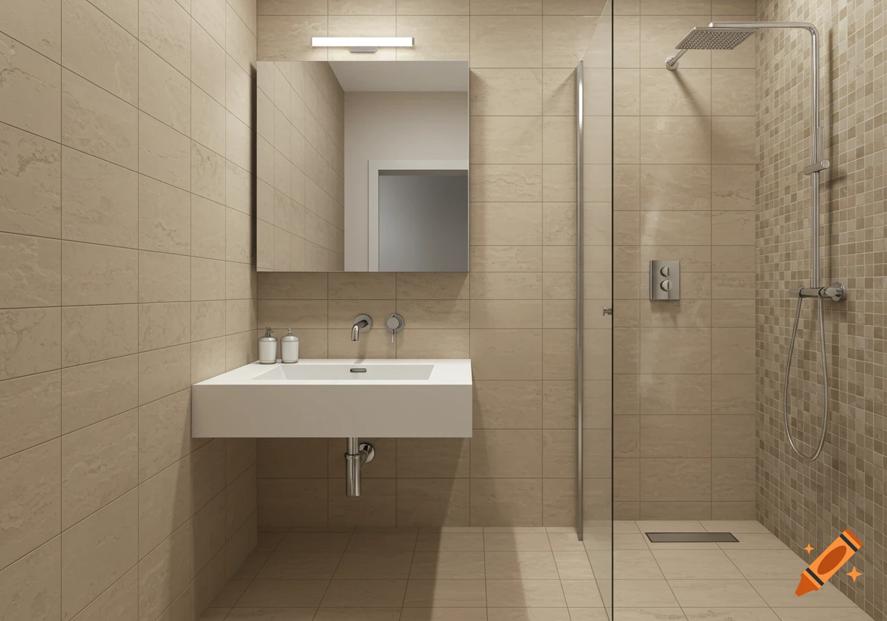 A modern washroom with beige rectangular tiles, a floating white sink, a mirror, and a glass shower stall.