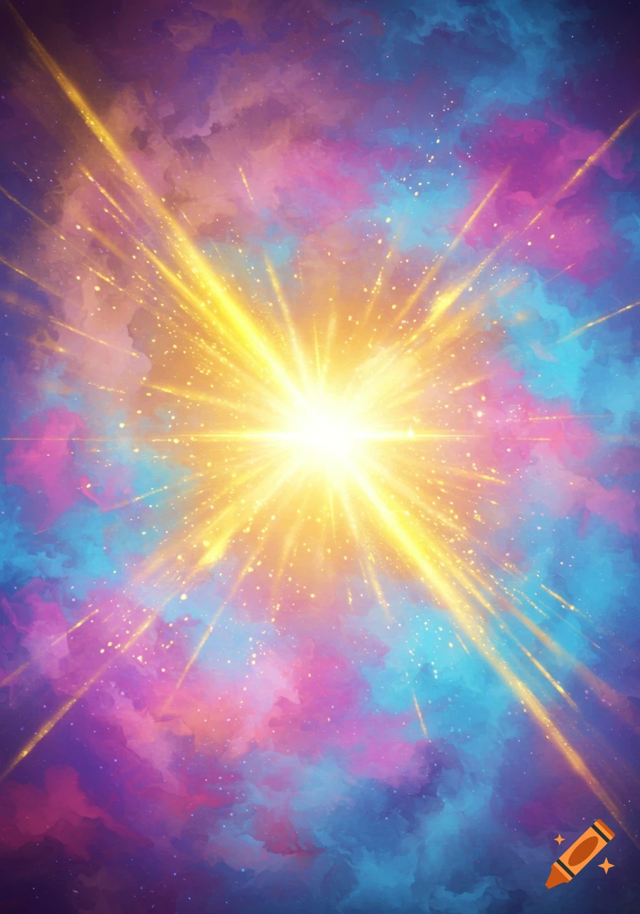 A vibrant, abstract explosion of bright golden light rays and sparkling particles bursts from the center, against a nebula-like background of swirling purple, pink, and blue clouds.