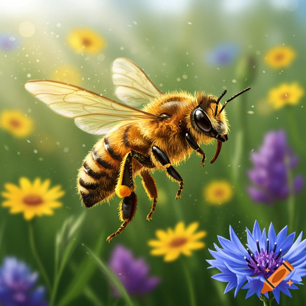 A detailed illustration of a fuzzy bee in flight over a vibrant meadow of wildflowers.